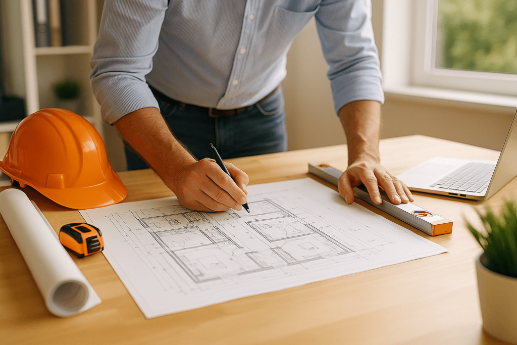 Das Bild zeigt einen Architekten oder Bauingenieur, der an einem Holztisch an einem Bauplan arbeitet. Er hält einen Stift und zeichnet oder korrigiert etwas auf dem Plan. Neben ihm liegen eine Schutzhelm, ein Maßband, eine Wasserwaage und ein Laptop. Der Fokus liegt auf den Händen des Mannes und dem detaillierten Bauplan. Der Hintergrund ist unscharf, aber man kann einen hellen Raum mit einem Fenster erkennen. Das Bild vermittelt einen Eindruck von Konzentration und präziser Arbeit im Beruf.