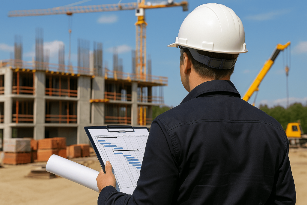 Das Bild zeigt einen Bauingenieur von hinten, der auf einer Baustelle steht. Er trägt einen weißen Helm und eine dunkle Arbeitskleidung. In seinen Händen hält er eine Klammertafel mit einem Gantt-Diagramm, das wahrscheinlich den Baufortschritt darstellt, sowie eine eingerollte Zeichnung. Im Hintergrund ist ein unvollendetes Gebäude mit Baukränen zu sehen. Der Fokus liegt auf dem Ingenieur und seinen Plänen, der Hintergrund ist unscharf. Das Bild vermittelt einen Eindruck von Organisation, Planung und Überwachung eines Bauprojekts.